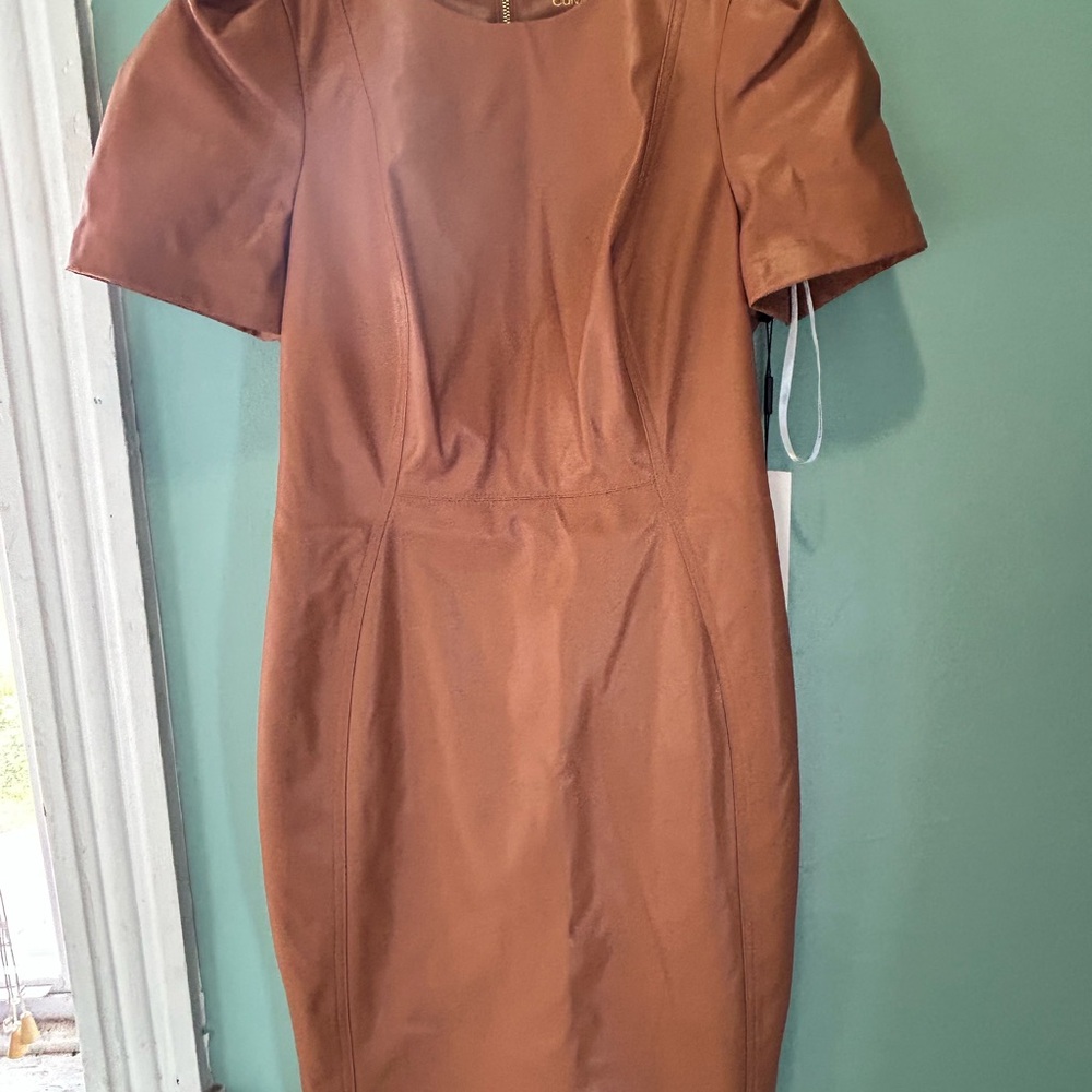 Calvin Klein Tan Faux Leather Midi Dress